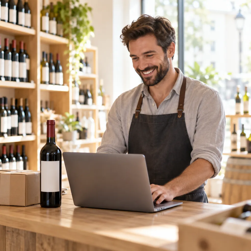 Caviste souriant qui prépare une commande en ligne depuis son comptoir
