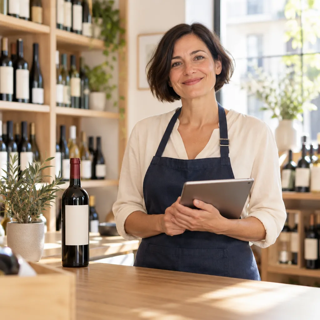 Commerçante sereine qui gère sa facturation électronique sur tablette au comptoir