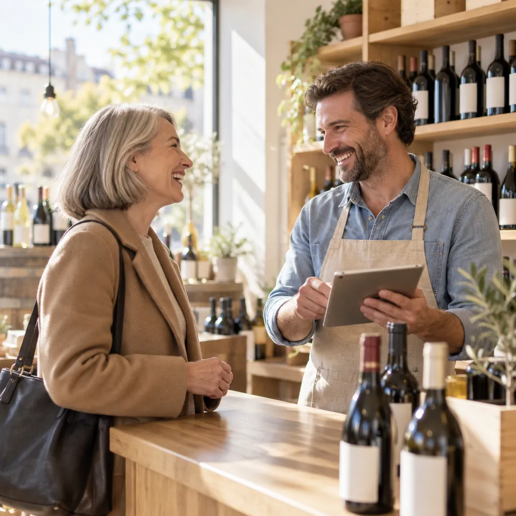 Caviste souriant qui reconnaît une cliente habituée au comptoir grâce à sa tablette