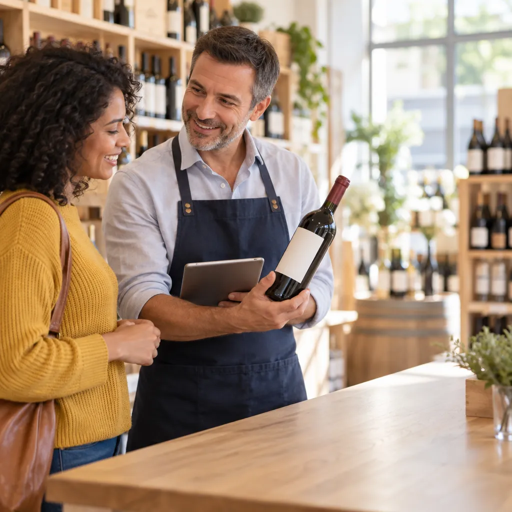 Caviste souriant qui conseille une bouteille à une cliente reconnue en caisse sur sa tablette