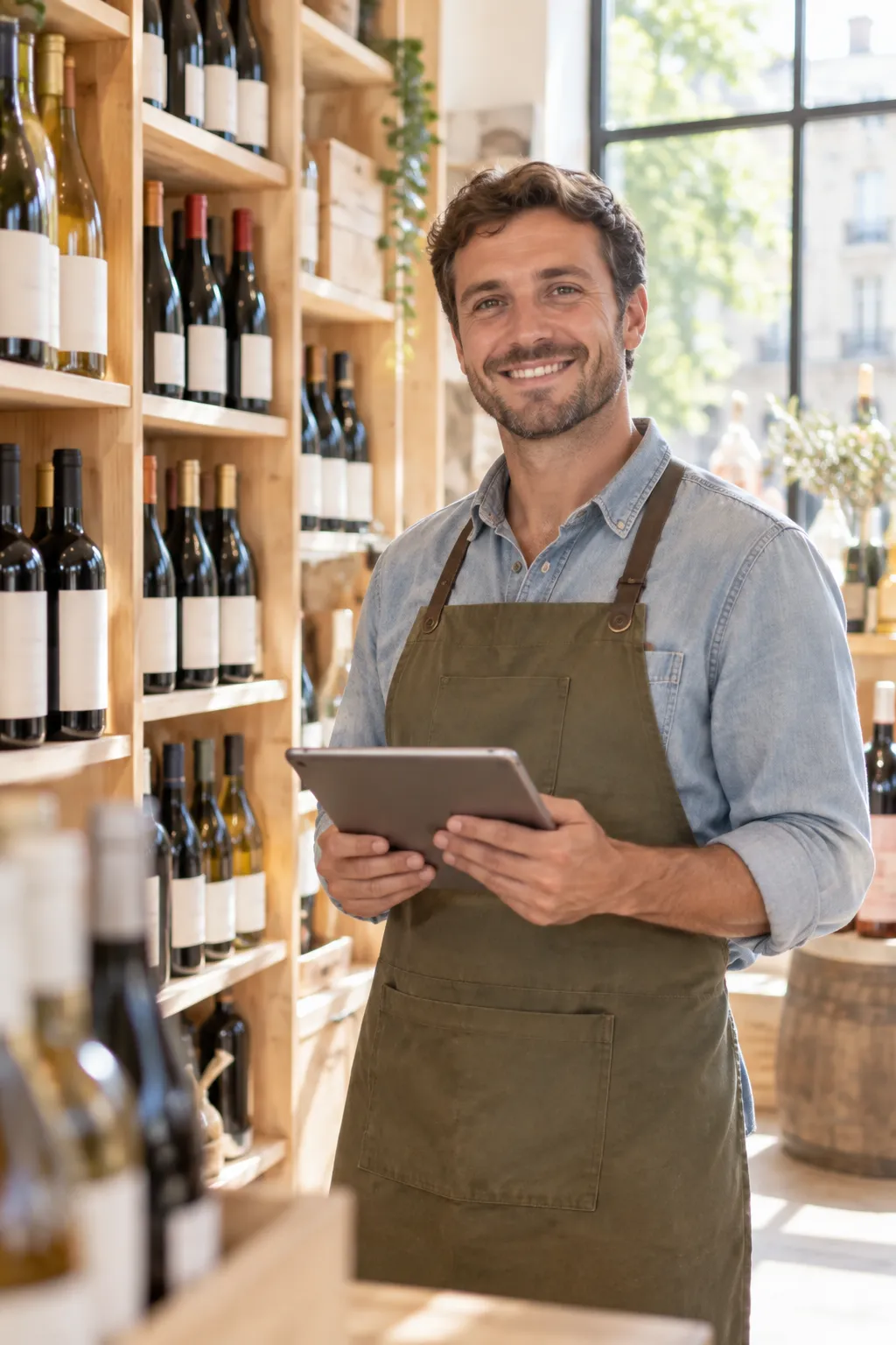 Caviste souriant qui consulte le fichier clients Revolik sur sa tablette entre ses rayonnages
