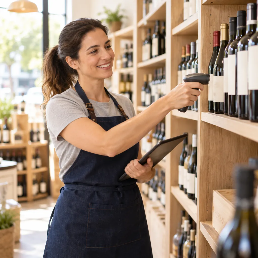 Employée souriante qui scanne les bouteilles d'un rayon avec une scannette pendant l'inventaire