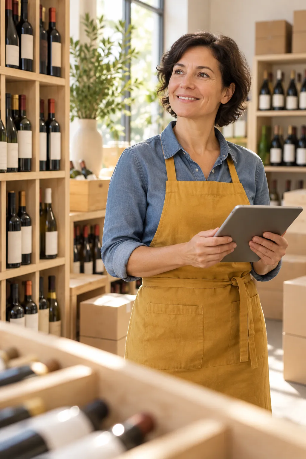 Commerçante souriante qui suit son stock sur tablette dans sa réserve
