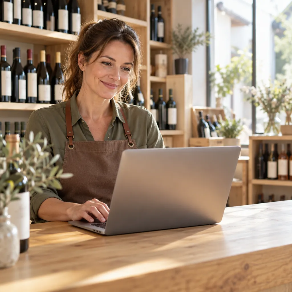 Commerçante souriante qui relit et valide sur son ordinateur une fiche produit rédigée par l'IA