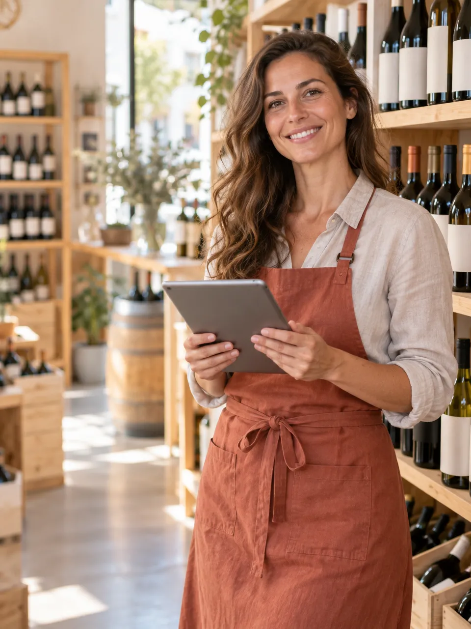 Commerçante souriante, tablette en main, qui a du temps pour sa boutique