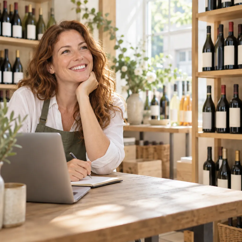 Commerçante souriante qui consulte le bilan de ses ventes sur ordinateur, carnet à côté