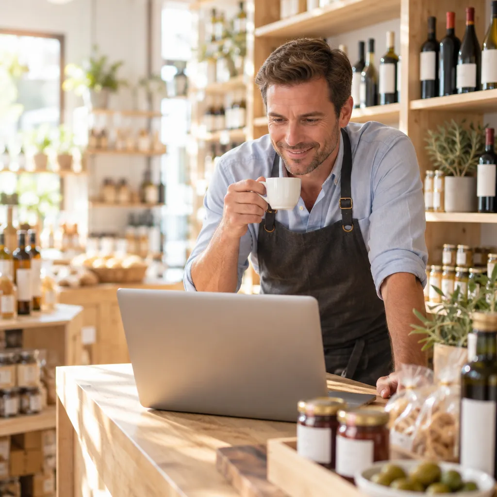 Commerçant souriant, café à la main, qui consulte son tableau de bord Revolik sur ordinateur