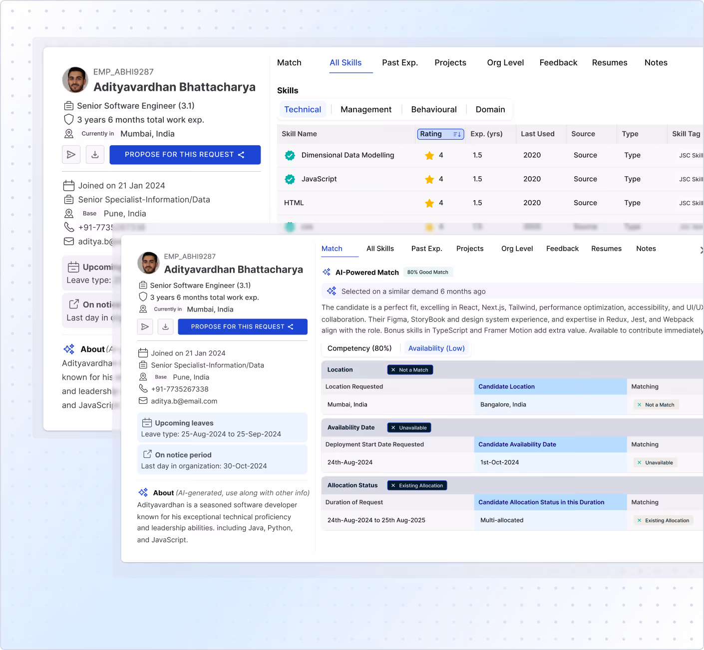 Profile overview of software engineer Adityavardhan Bhattacharya with skills, match score, availability, location, and workload details in a recruitment platform interface.