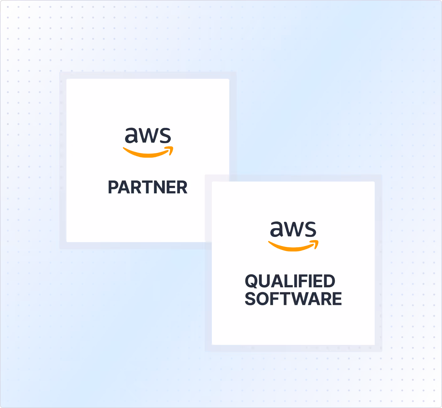 AWS Partner and AWS Qualified Software logos on a light blue background.