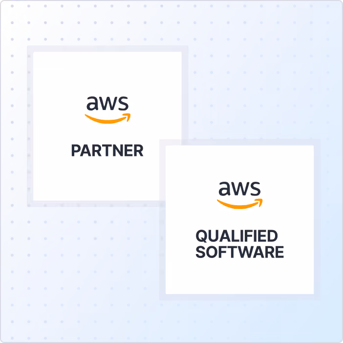 Two white squares on a light blue background with AWS logos; one labeled 'PARTNER' and the other 'QUALIFIED SOFTWARE'.