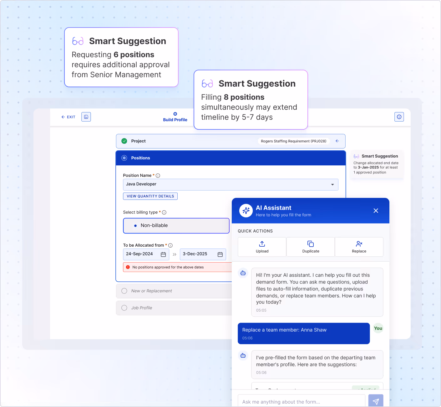 User interface showing AI assistant providing smart suggestions for staffing positions, including approval requirements and timeline extension warnings.