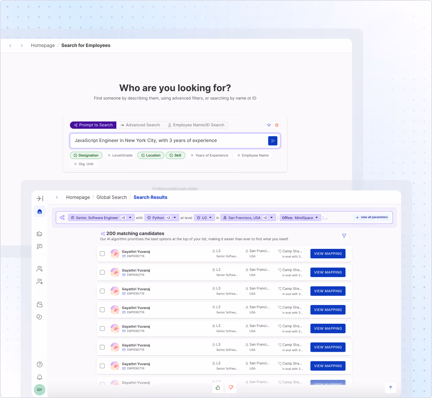 User interface showing an employee search with filters for designation, location, and skill, followed by a global search results list with multiple matching candidates.