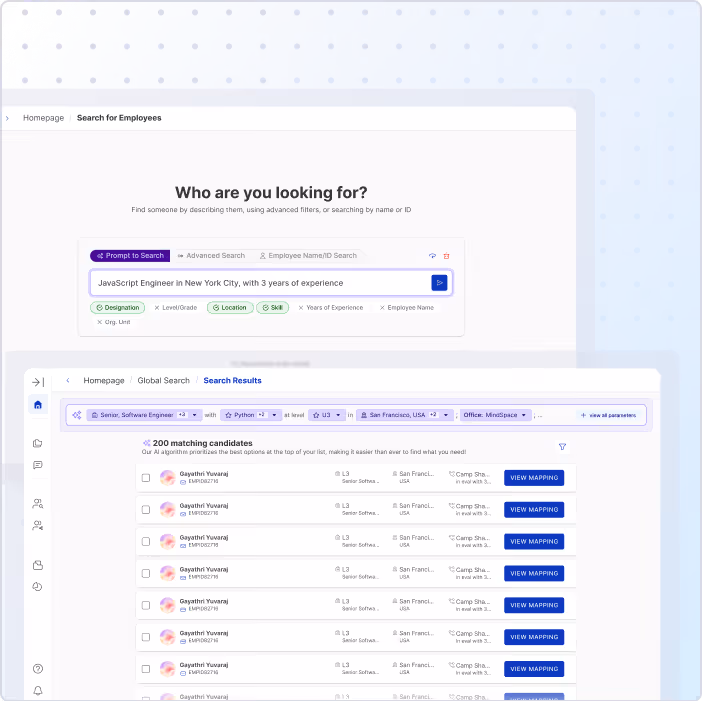 Screenshot of an employee search interface showing filters for job title, location, and skills, with a list of 200 matching candidates and buttons to view mapping.