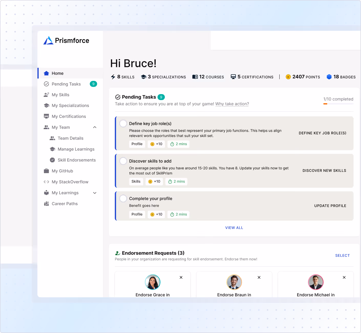 Prismforce dashboard greeting user Bruce, showing 8 skills, 3 specializations, 12 courses, 5 certifications, 2407 points and 18 badges, with pending tasks to define job roles, discover skills, and complete profile, plus endorsement requests for Grace, Braun, and Michael.