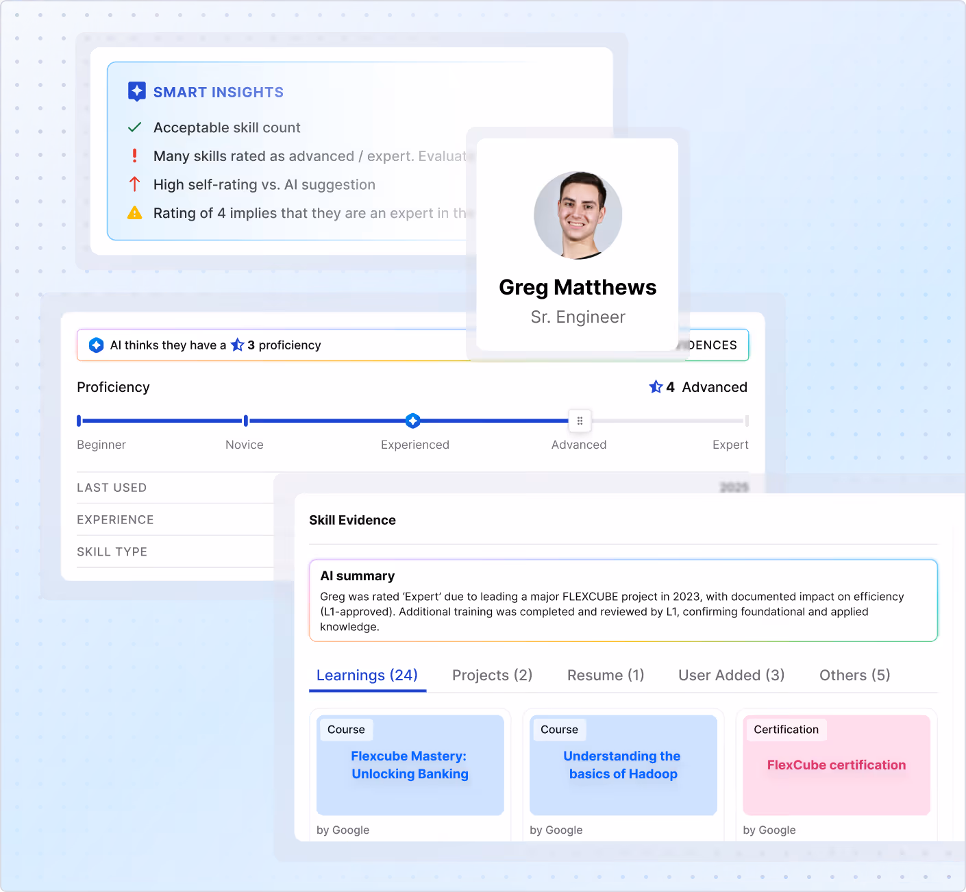 Profile of Greg Matthews, Sr. Engineer, showing skill proficiency rated 4 Advanced, AI summary of expert rating on FLEXCUBE project, and learning courses including Flexcube Mastery and Hadoop basics.