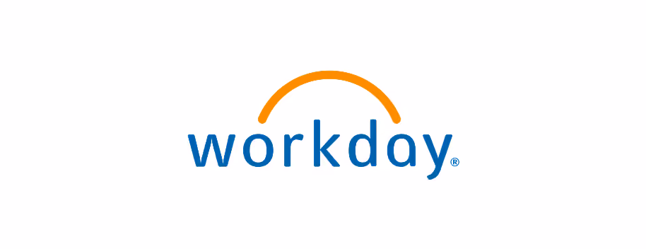 Workday company logo with blue text and orange arc above it.