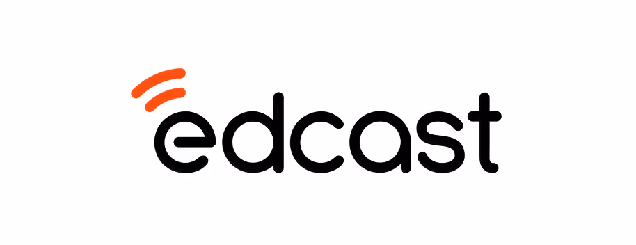 Edcast wordmark with orange broadcast signal waves above the letter e.