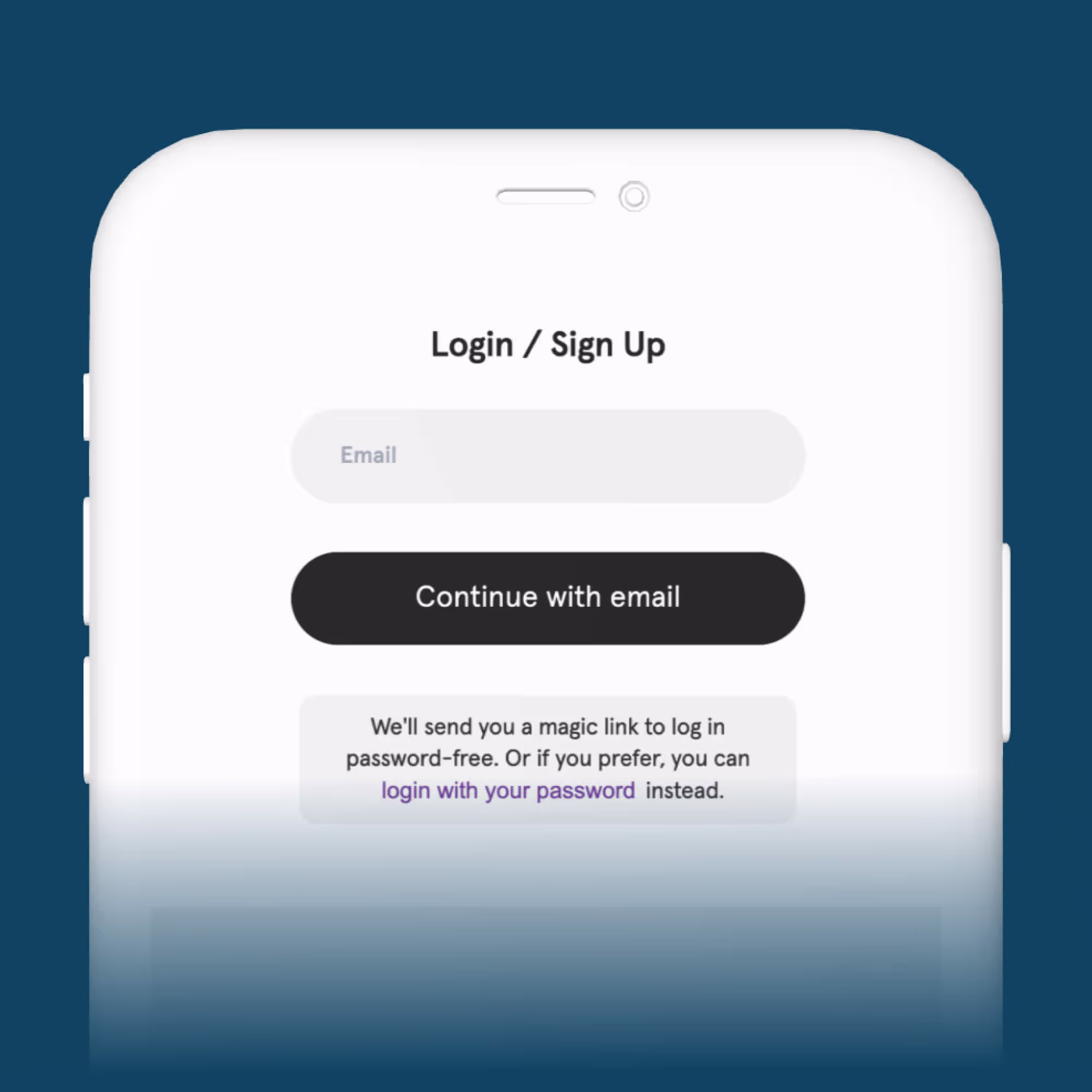 Mobile login screen with email input, 'Continue with email' button, and option for password login.
