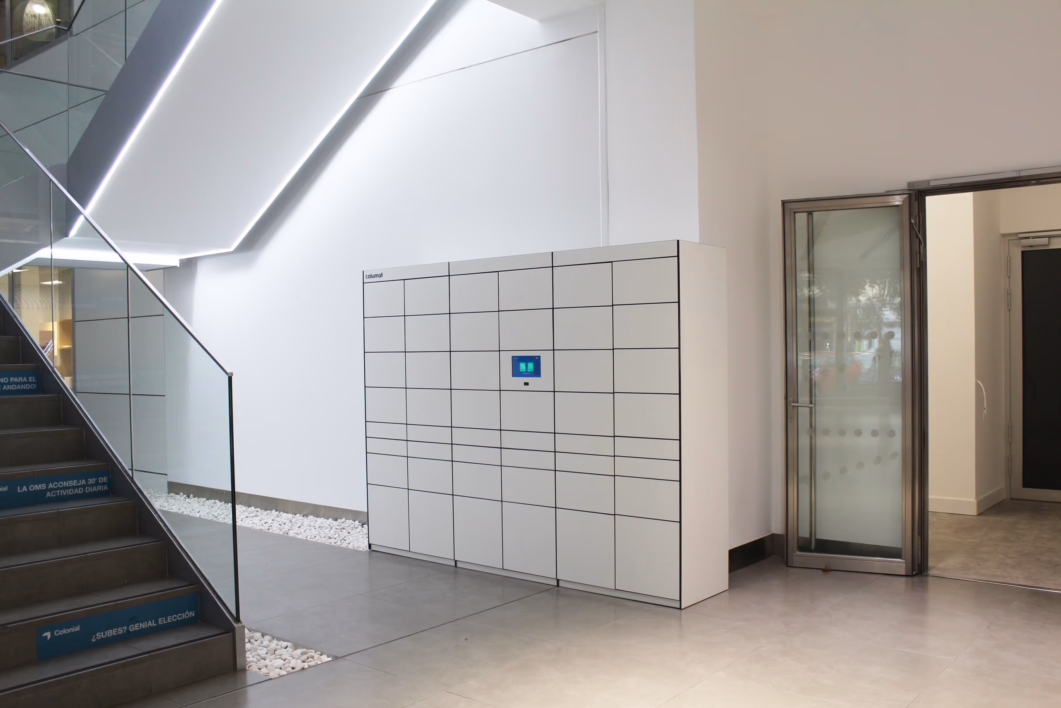 Smart lockers integrated into a modern corporate office lobby