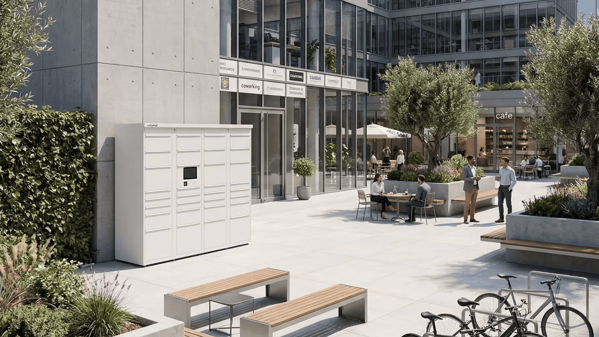 Columat Smart Lockers installation in an office complex outdoor courtyard
