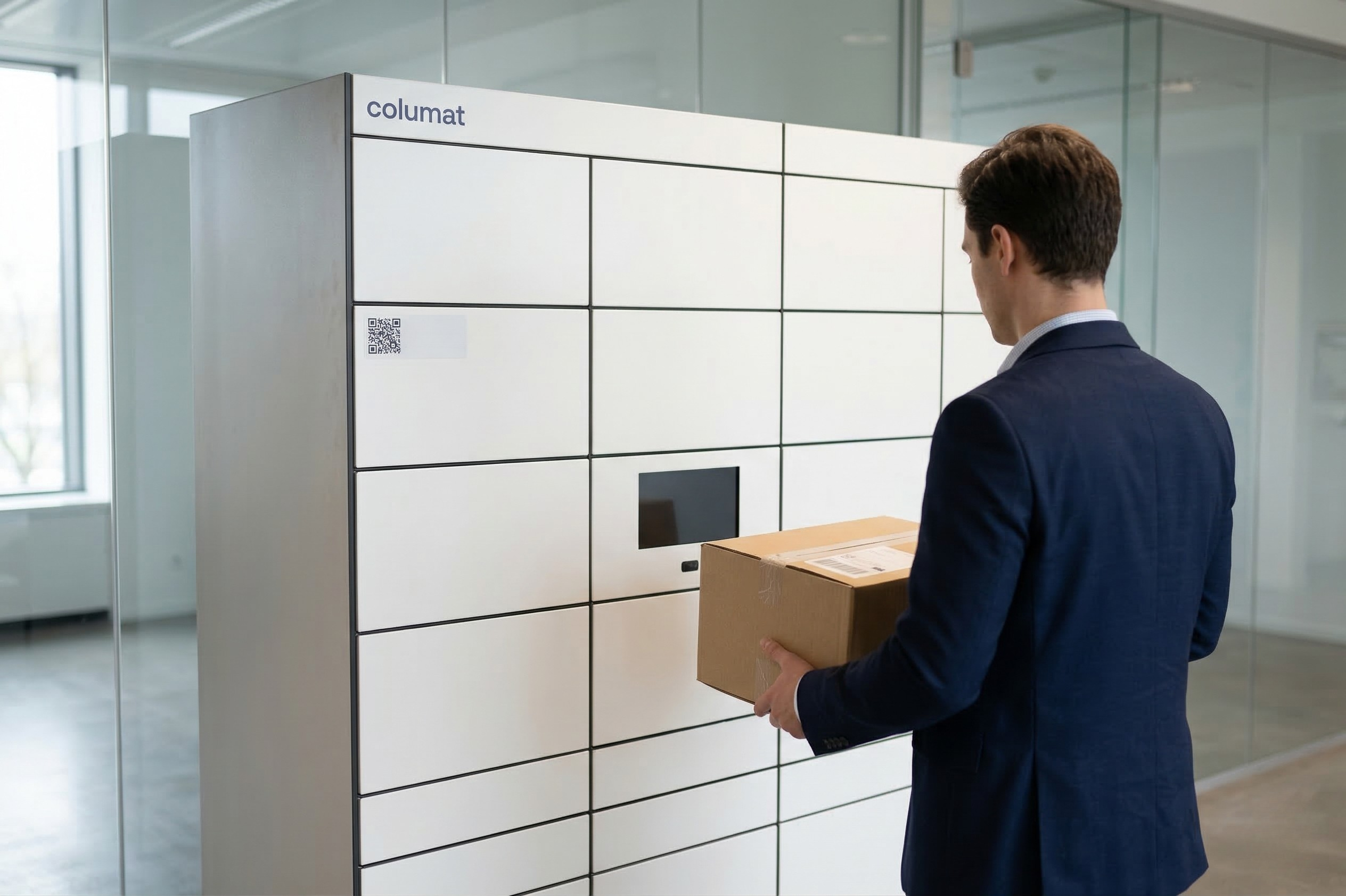 Employee in a suit depositing a package into a Columat Smart Locker in a modern corporate office
