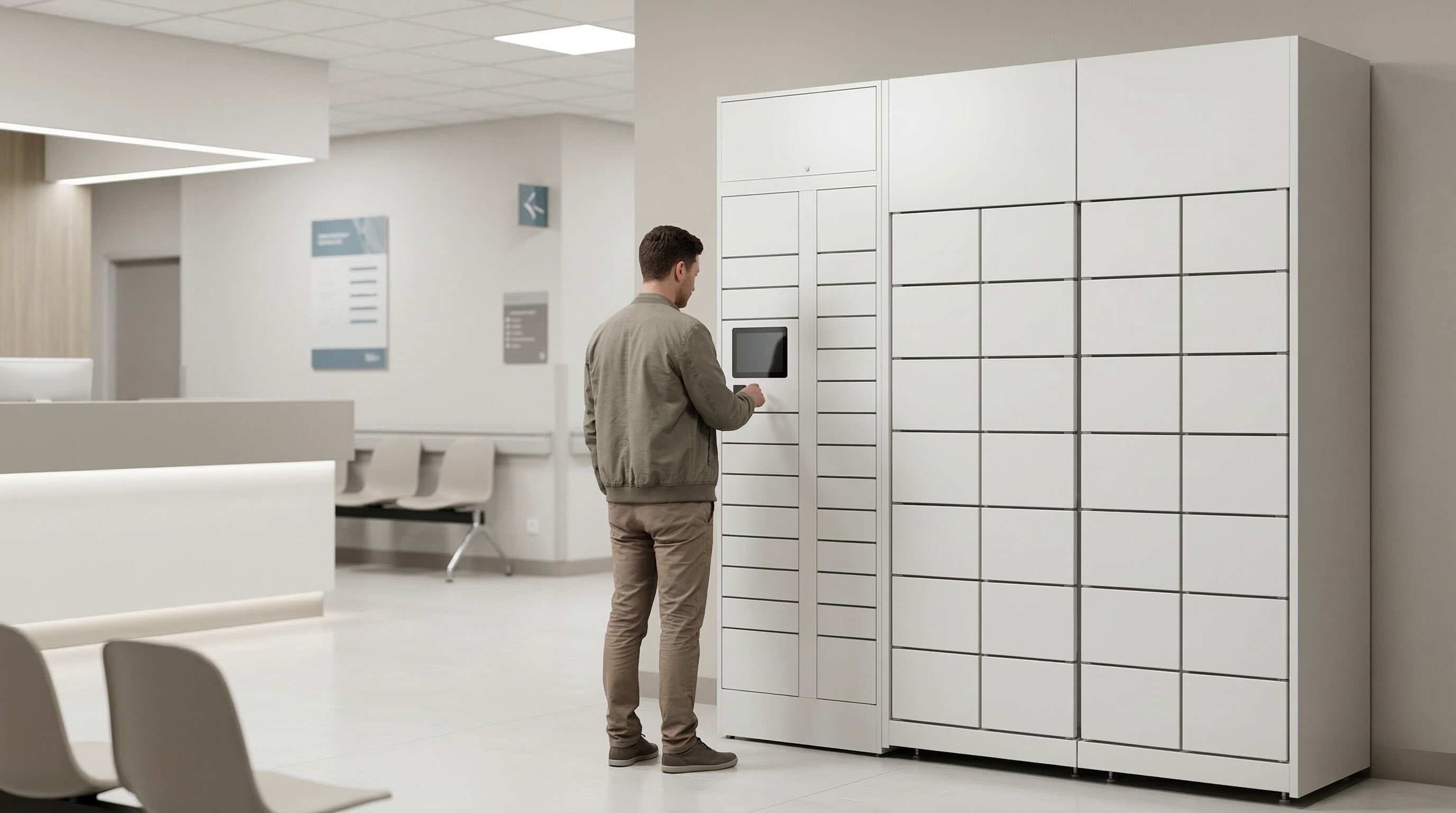 Employee accessing Columat smart lockers at a hospital reception area
