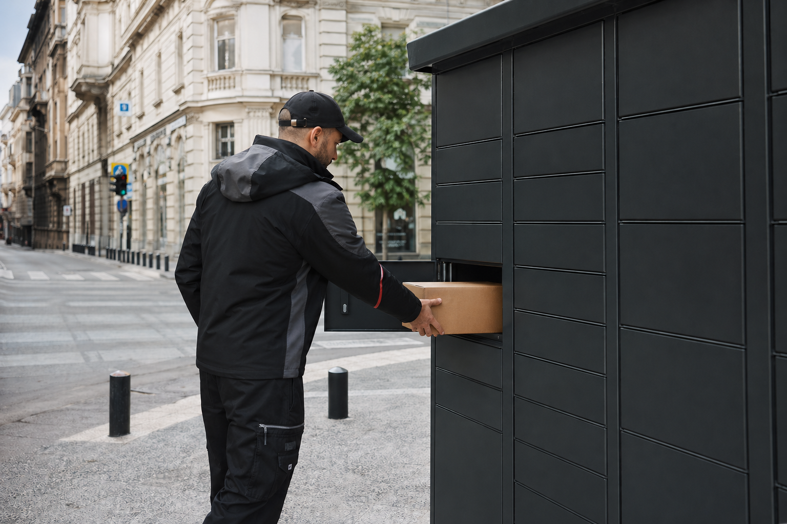Delivery courier depositing a parcel into an outdoor smart parcel locker installed on a public street
