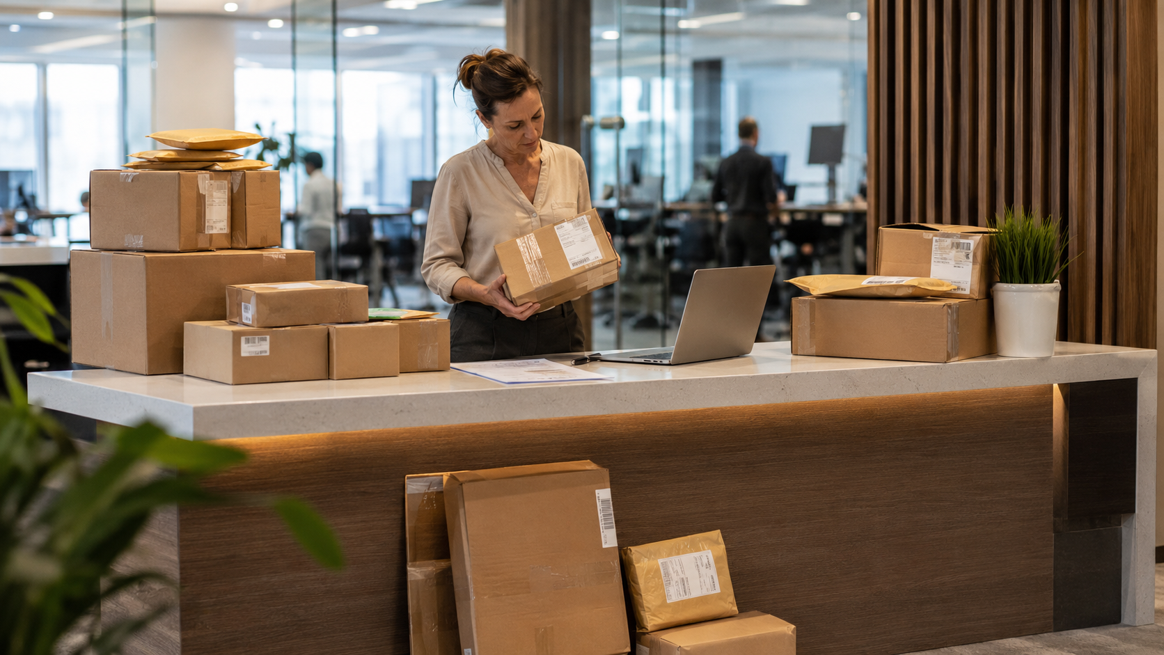 Office receptionist manually managing accumulated packages and deliveries piled on the front desk, without an automated parcel management system.