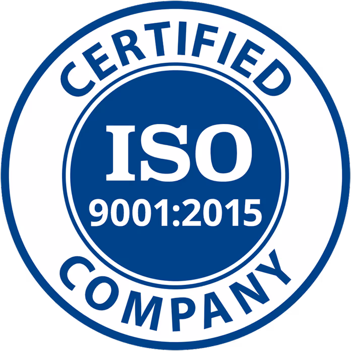 ISO 9001:2015 Certified Company badge with blue and white circular design.