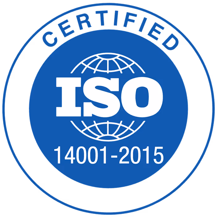 ISO 14001-2015 certified emblem with a globe graphic inside a blue circle.