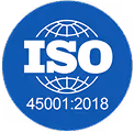 ISO 45001:2018 certification emblem on a blue circular background with a globe outline.