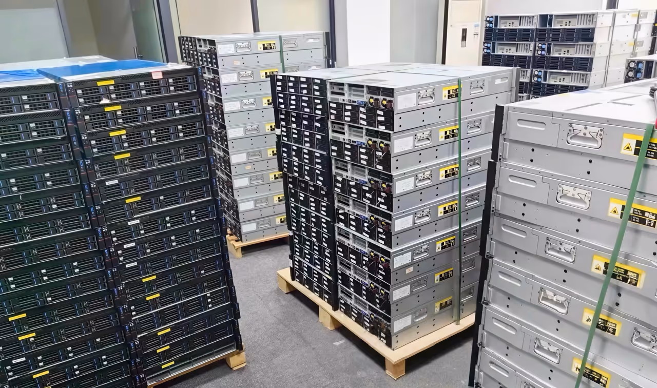 Stacks of server hardware units arranged on pallets in a data center or storage room.