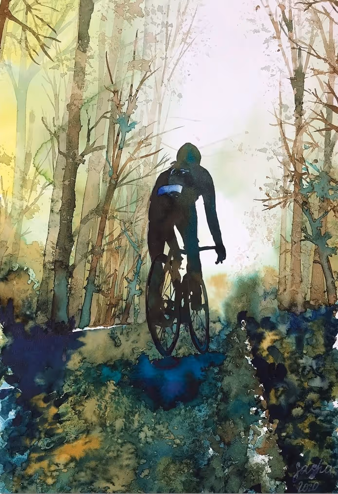Watercolor painting of a cyclist riding through a forest path with tall trees and a misty background.