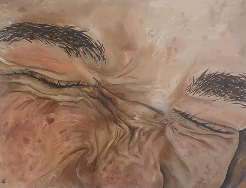 Close-up painting of a person's face with eyes tightly closed and skin wrinkled around the nose and eyes.