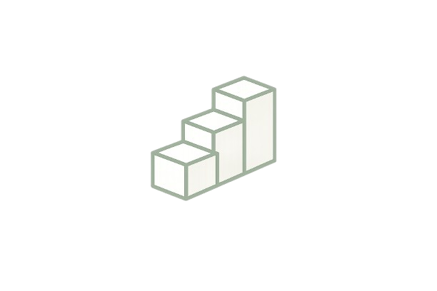 Three ascending white 3D blocks arranged like staircase steps on black background.