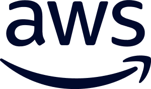 Amazon Web Services (AWS) logo with lowercase letters and a curved arrow underneath.