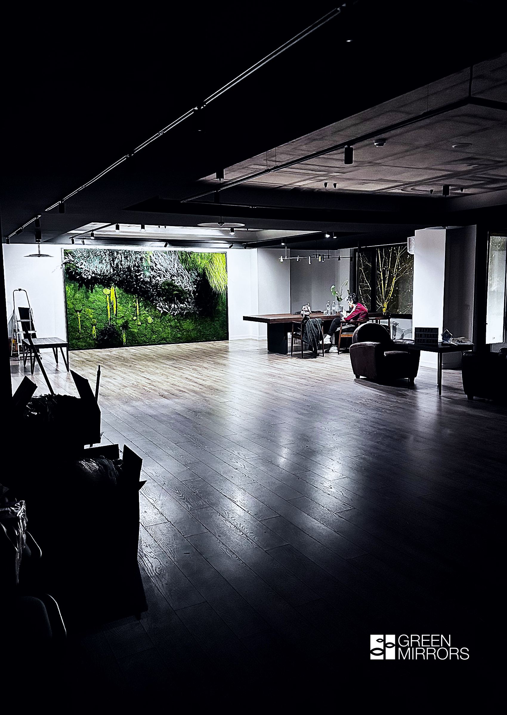 perete verde stabilizat green mirrors, birou design industrial 