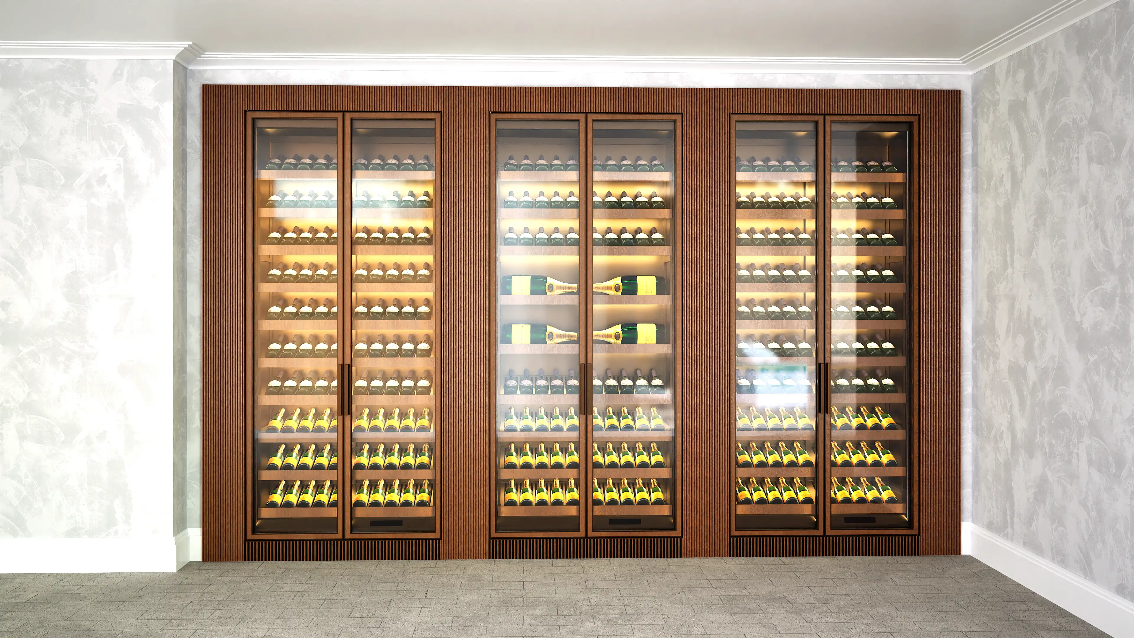 Champagne wall in mid-brown oak with self-contained integrated wine cabinet cooling