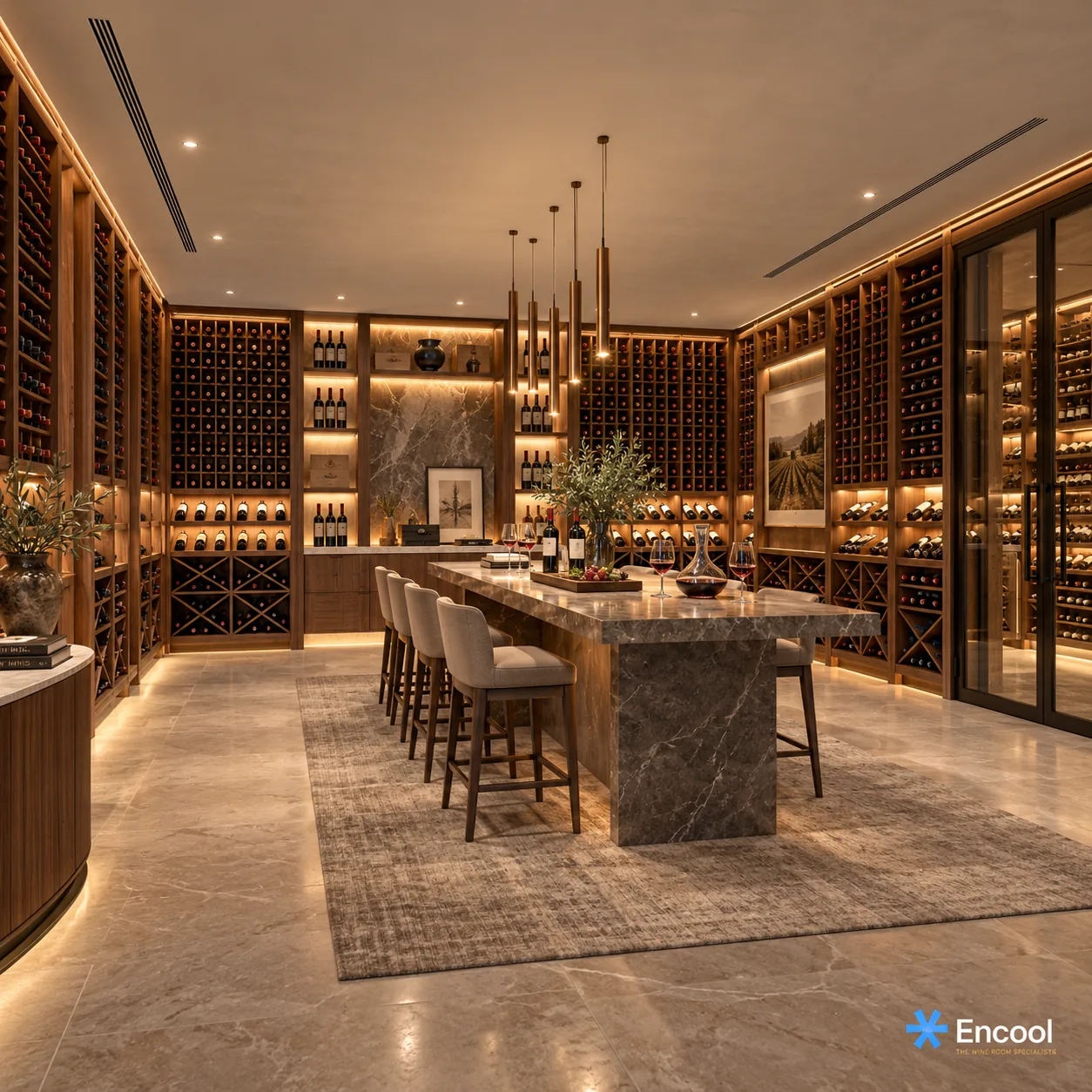 Large temperature-controlled wine cellar with full-height wine racking