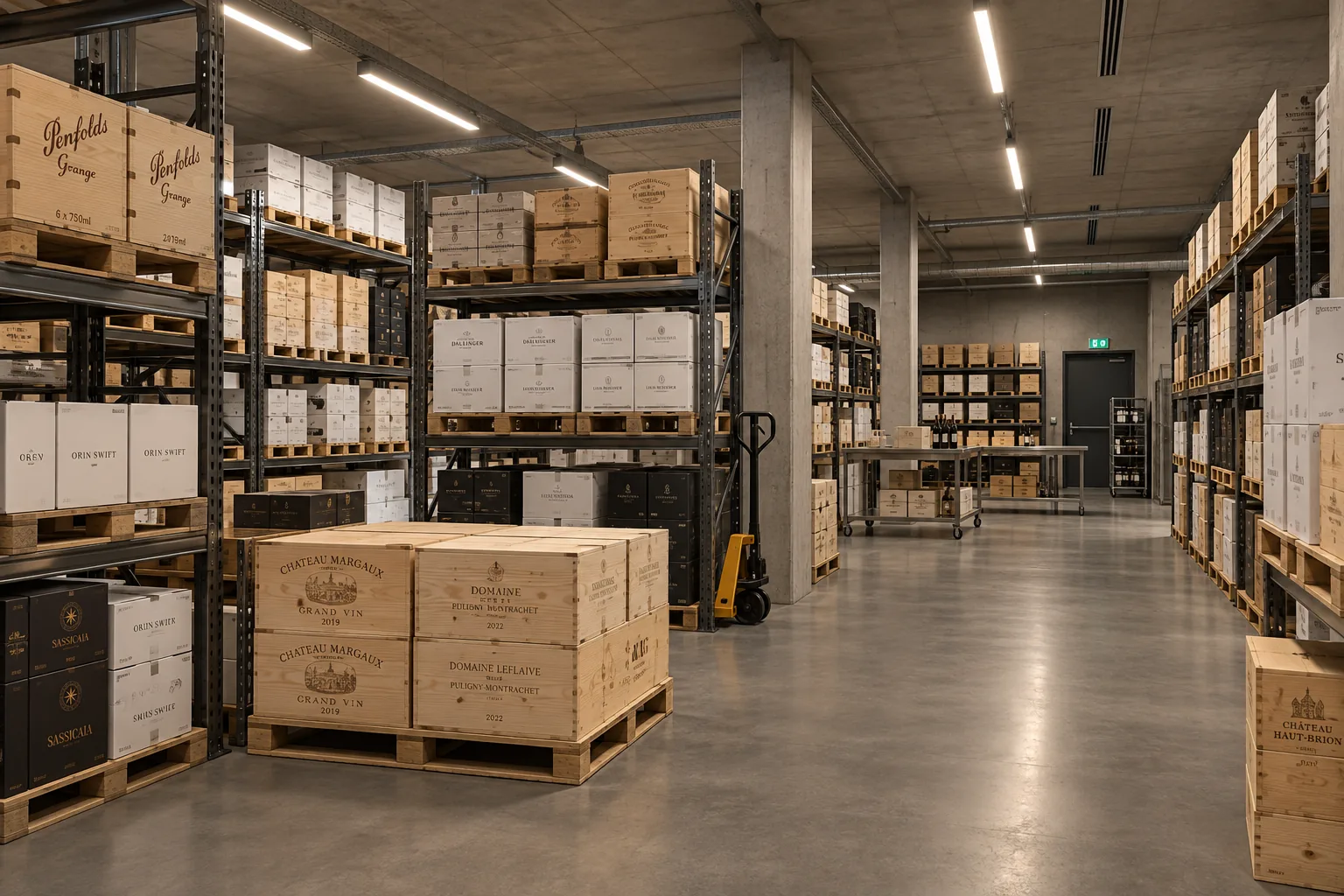 Commercial wine storage warehouse with climate-controlled racking
