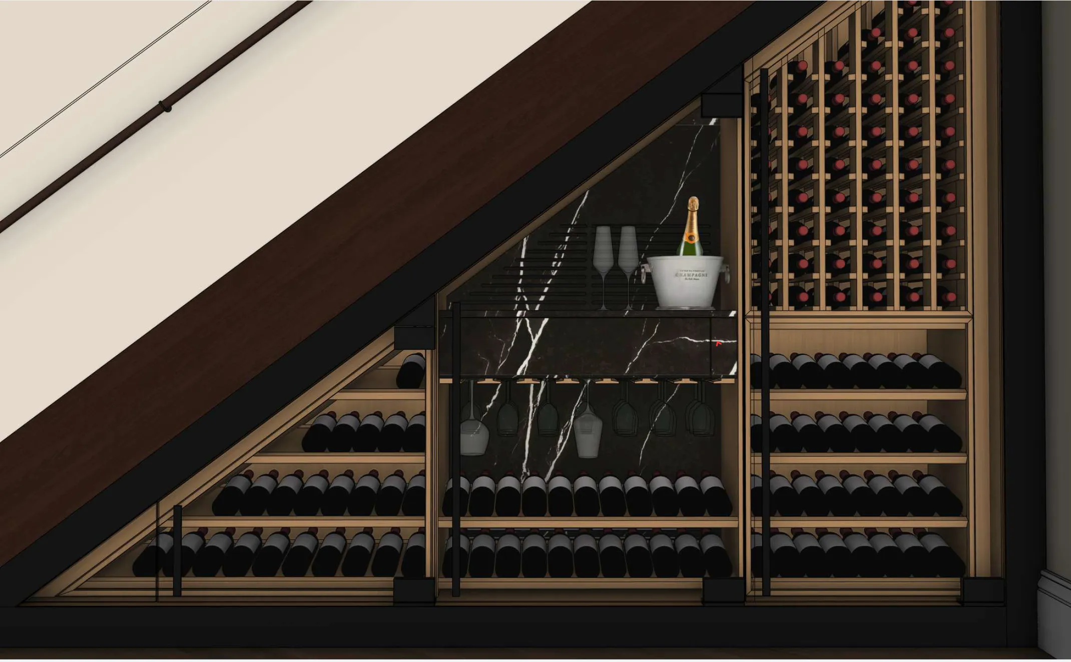 Under-stair wine cellar with illuminated wine wall display