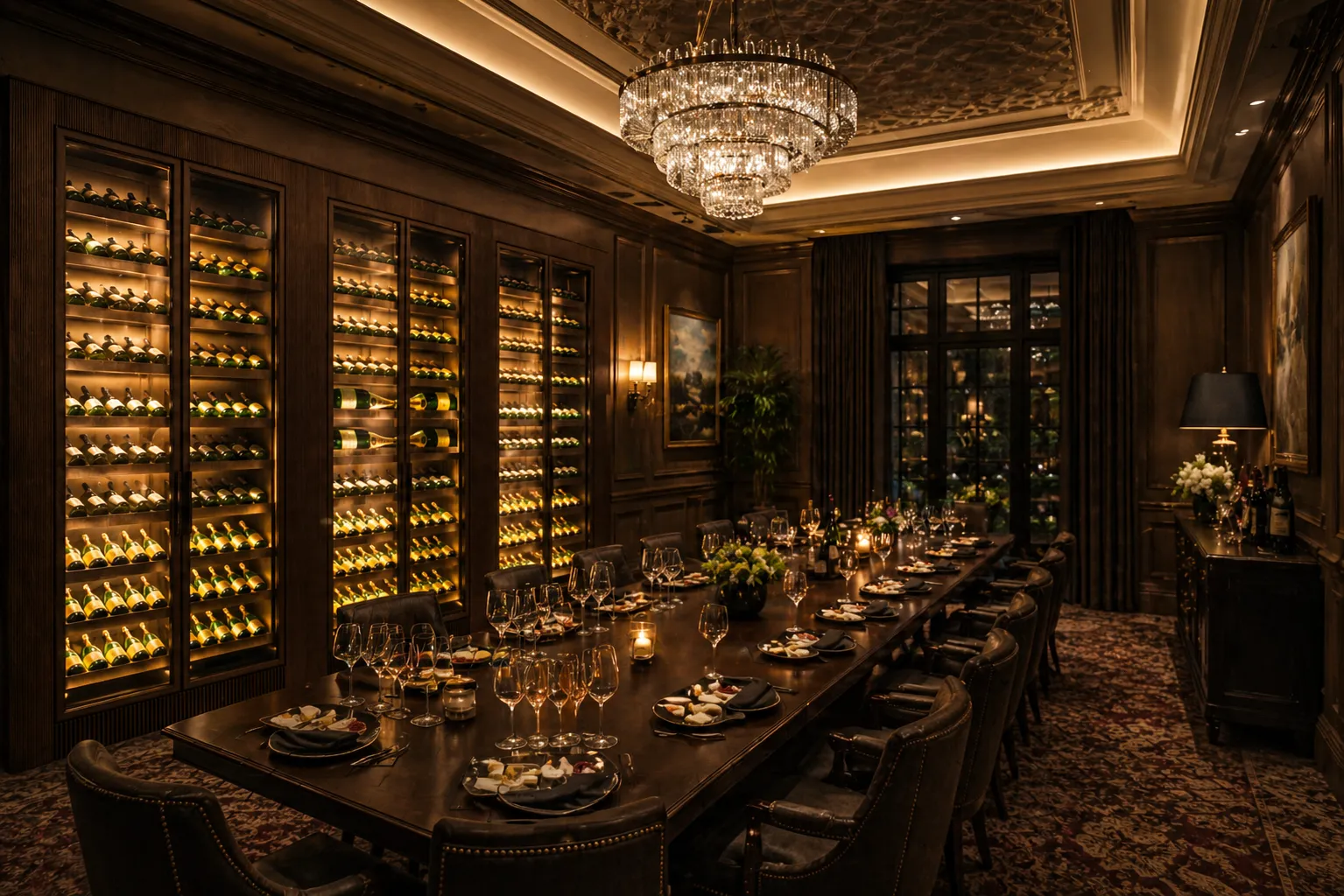 Glass-fronted wine gallery display wall in a restaurant interior