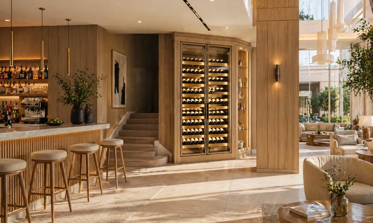 Light oak wine cabinet in a hotel lounge bar