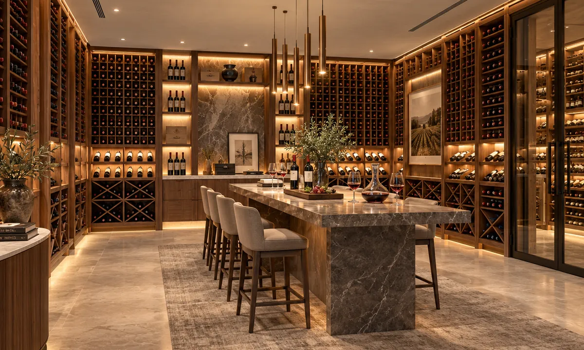 Large wine cellar with full-height racking on every wall around a central marble tasting island