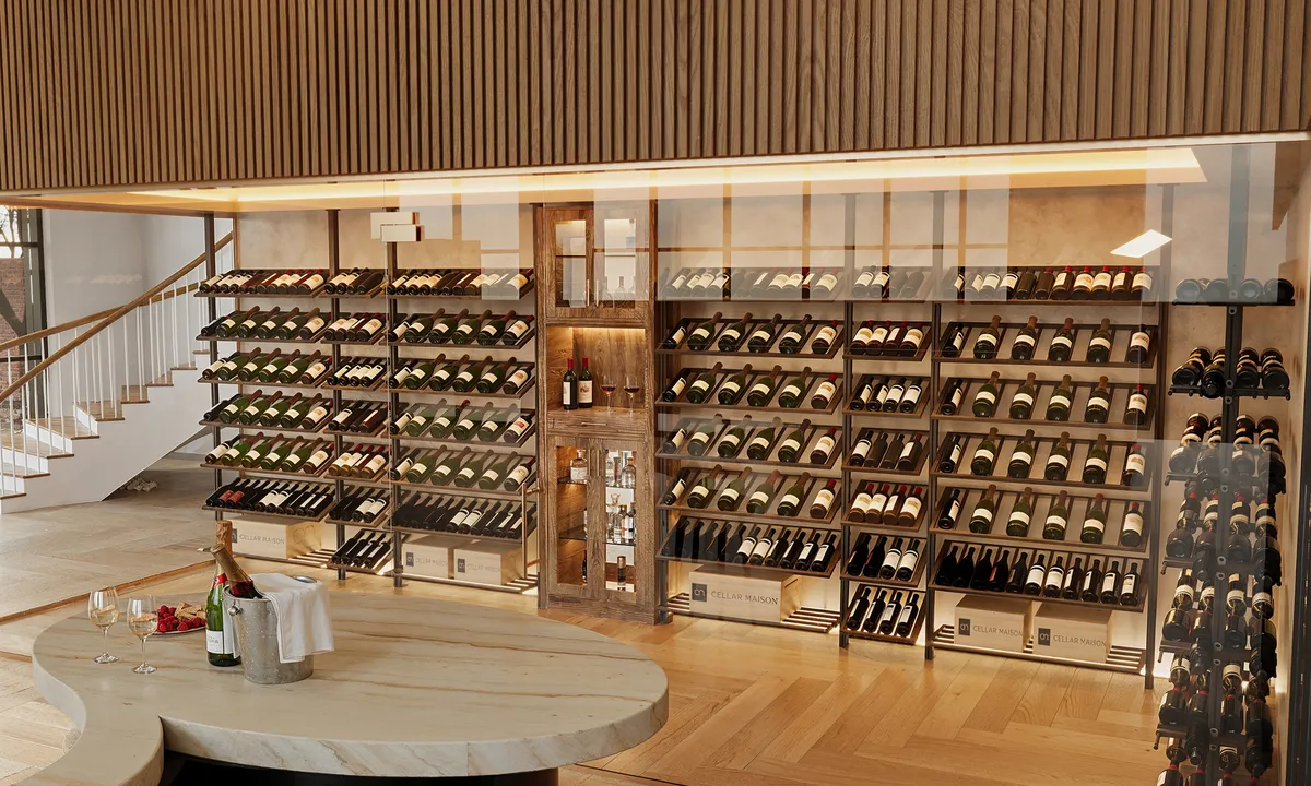 Wine wall display with open racking and angled bottle presentation shelves in a tasting space