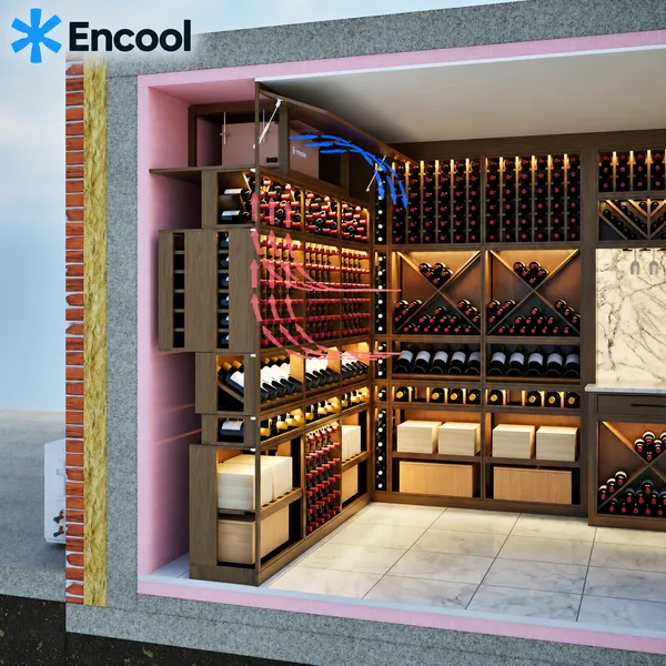 Cutaway of a corner wine cellar with a ductless split unit above the racking, showing the insulated wall build-up and the air circulation path