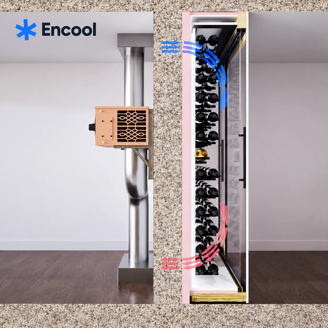 HSN-JC8 ducted into a narrow glazed wine cabinet, delivering cold air at the top and drawing warm air out at the base