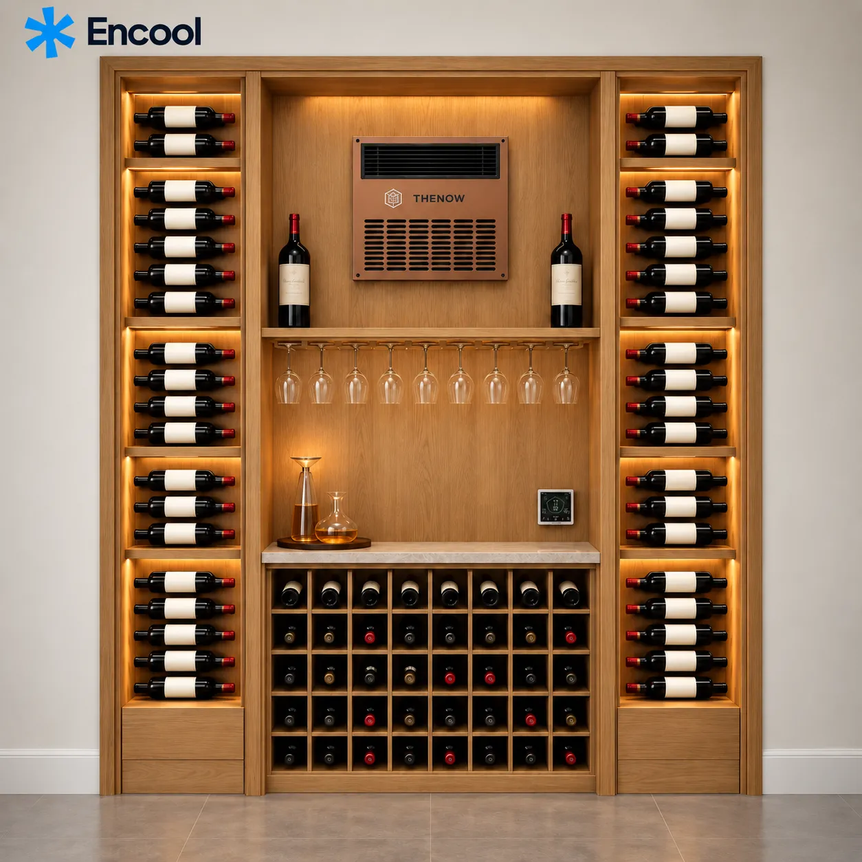 Oak wine wall with an integrated THENOW through-the-wall cooling unit, glass rack and serving shelf