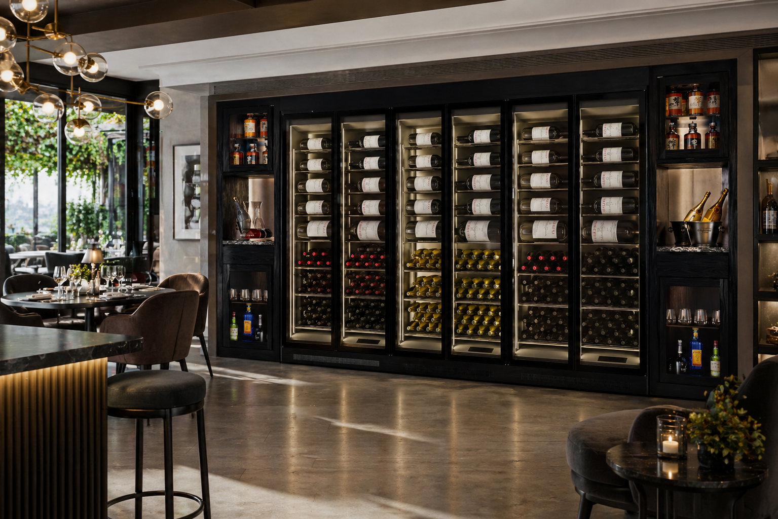 Long run of black-framed glass wine cabinets behind a restaurant bar, stocked with bottles and lit from within