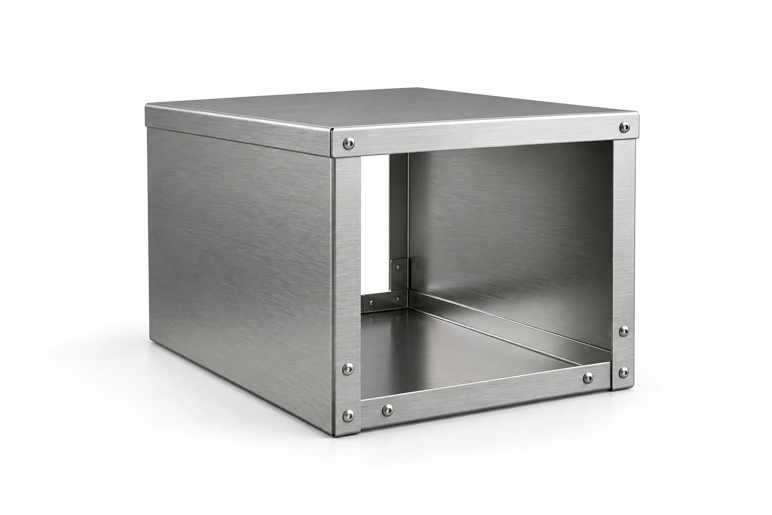Encool outdoor condensing unit cover in brushed SUS304 stainless steel, open on one face, supplied flat-packed